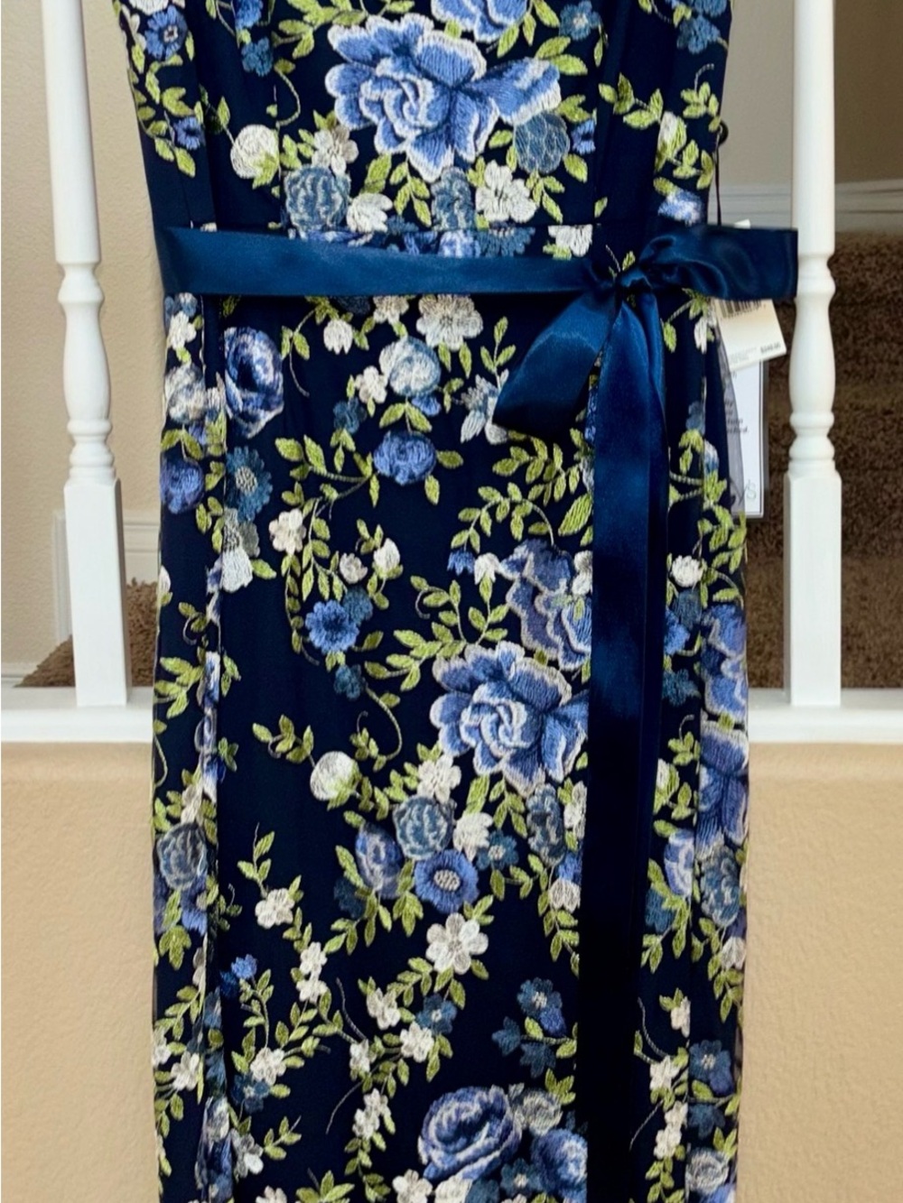 Adrianna Papell Navy Floral Maxi Dress with Blue and White Embroidery